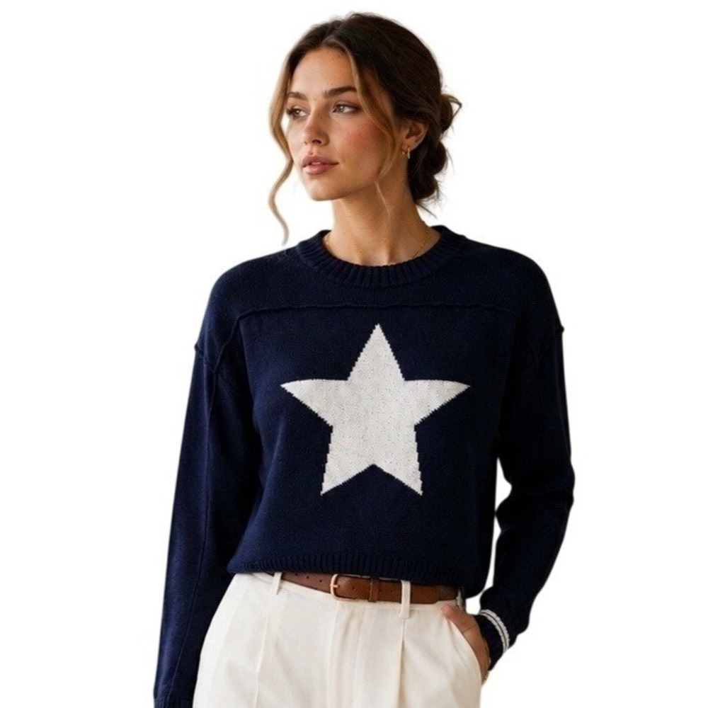Arden B Navy Star Intarsia Sweater Pull Over Crew Neck S/M Americana Coastal